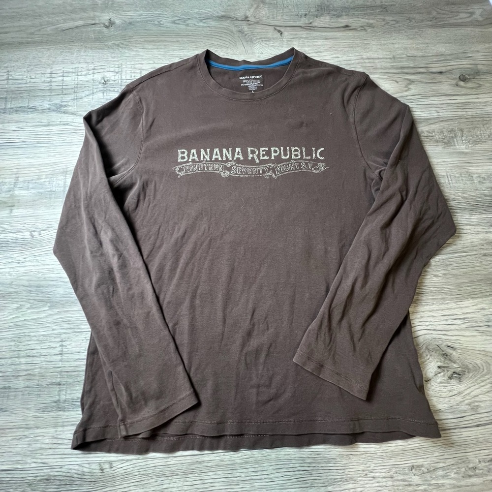 Banana Republic Graphic T-Shirt Mens L Brown Long Sleeve Pima Cotton Logo Tee‎